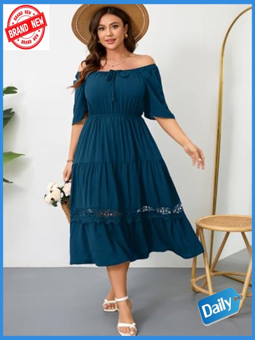 Plus Size Maxi Dress Ruffle Sleeve Square Neck Flowy A-Line Lace Trim - Picture 3 of 7